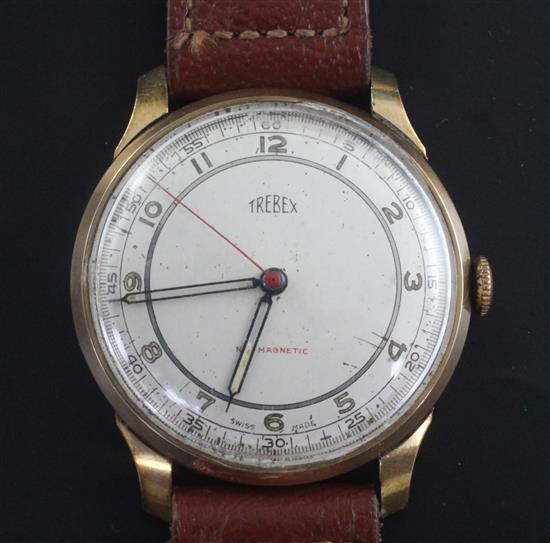 A gentlemans 9ct gold Trebex manual wind wrist watch,